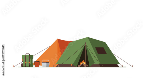 Camping adventure: orange and green tent with campfire and gear