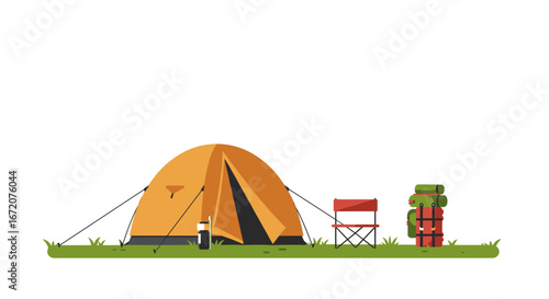 Camping adventure: tent and gear in nature setting