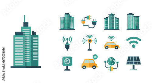 Smart city elements: urban connectivity and eco-friendly tech icons
