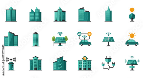 Sustainable city icons with green energy elements in flat design