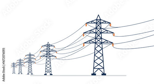 High voltage power lines on white background with perspective view