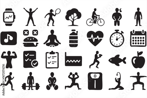 Flat black icons collection for health, gym, and nutrition design