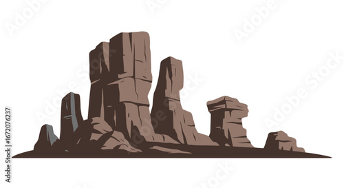 Desert rock formation with striking monolithic towers on white background