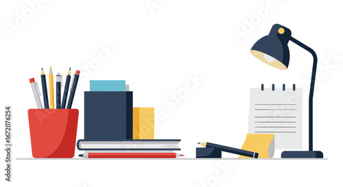 Modern workspace with office supplies and desk lamp on white background