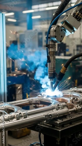 Industrial robotic arm welding metal components with bright sparks and blue smoke in a modern factory, showcasing advanced automation and manufacturing technology.