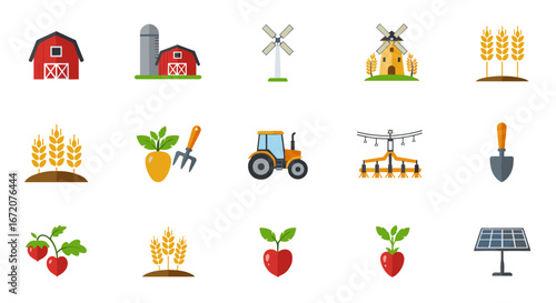 Farming icon set featuring barn, tractor, windmill, solar panel, and crop elements