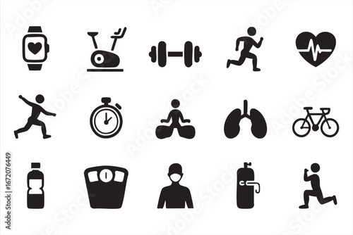 Sports and wellness icons collection with running, yoga, and cycling