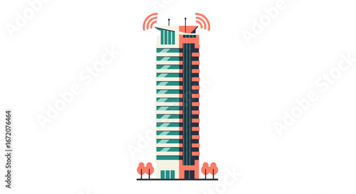 Modern high-rise building with antennas in flat design style