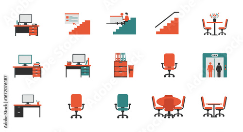 Flat office icon set: desks, chairs, lifts, staircases, meeting tables