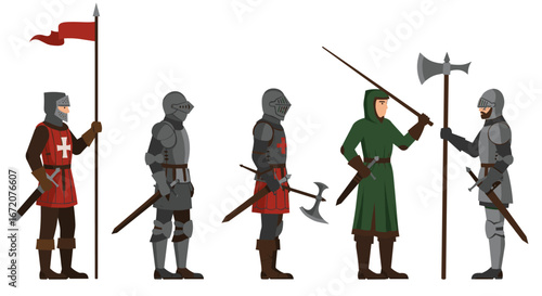 Medieval warriors in armor with weapons in flat style
