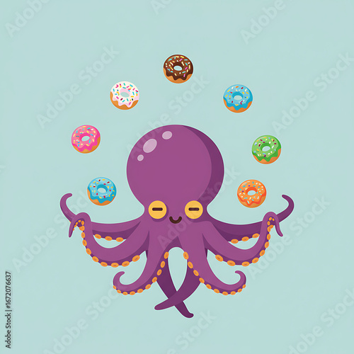 A cheerful purple octopus joyfully juggles a variety of colorful, sprinkled donuts.