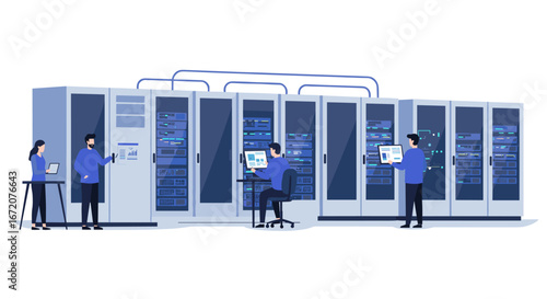 Technology team managing server room with networking equipment in modern workplace