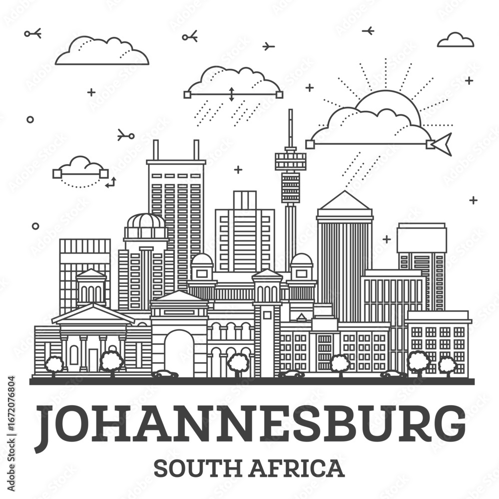 Fototapeta premium Outline Johannesburg South Africa City Skyline with Modern and Historic Buildings Isolated on White. Johannesburg Cityscape with Landmarks.