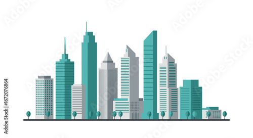 Modern cityscape with high-rise buildings and trees in minimalistic flat design