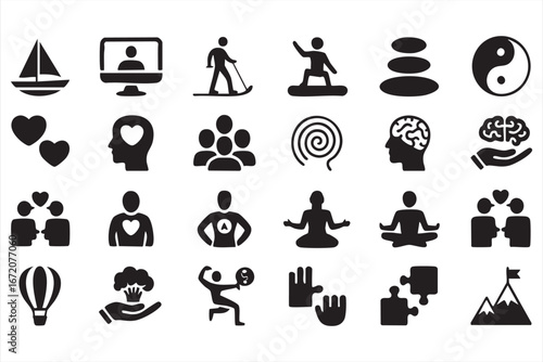 Health and balance silhouette icons pack for lifestyle and therapy