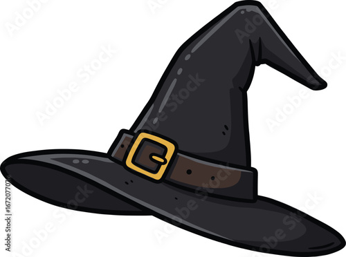 Black Witch Hat with Buckle on Blue Background