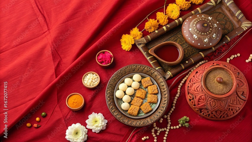 Fototapeta premium Karwa Chauth Pooja Items on Red Fabric Background