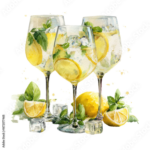 Watercolor illustration of three Limoncello Spritz cocktails on transparent background