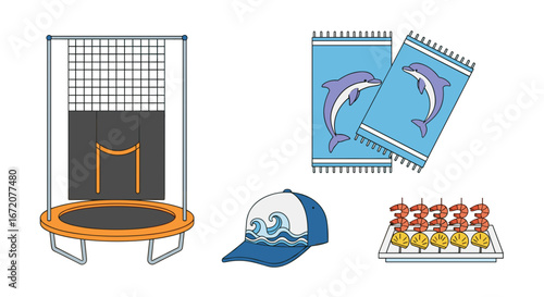 Illustration of trampoline, towels with dolphins, cap and seafood skewers