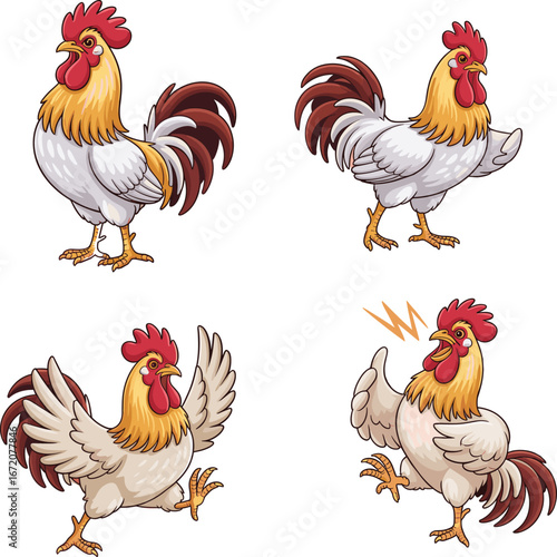 Cartoon rooster character set, four poses, animated farm bird, vector illustration, chicken design, cute animal, poultry collection, white and red feathers, farmyard mascot, game sprite