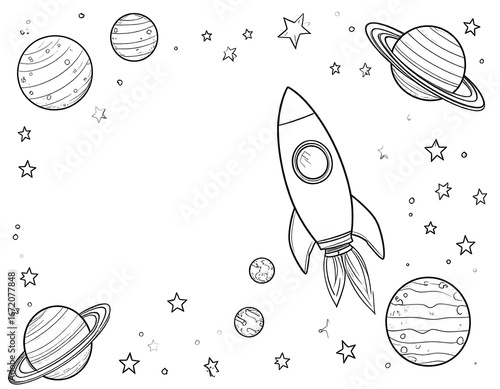 Simple line drawing of a rocket surrounded by planets and stars, ideal for coloring