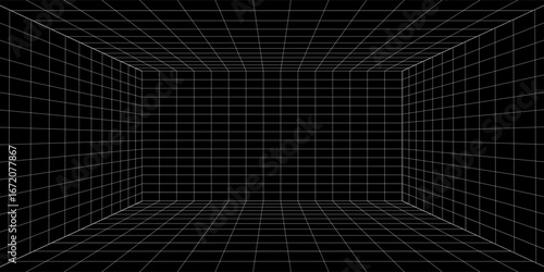 Empty futuristic digital box room grey-black background with white grid space line color surface. Network cyber technology. banner, cover, terrain, sci-fi, wireframe, and related to background.