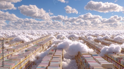 Dreamlike Cityscape - Buildings Piercing Through a Sea of Clouds Under a Sunny Sky.