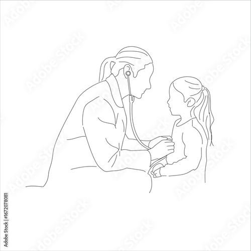 doctors examine children. One single line drawing of young female pediatric doctor examining baby health condition and check the heart beat.