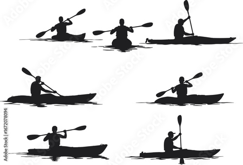 Kayaking silhouette illustration, man paddling kayak, water sport activity, adventure lifestyle, outdoor recreation, canoe paddling, extreme sports, river exploration