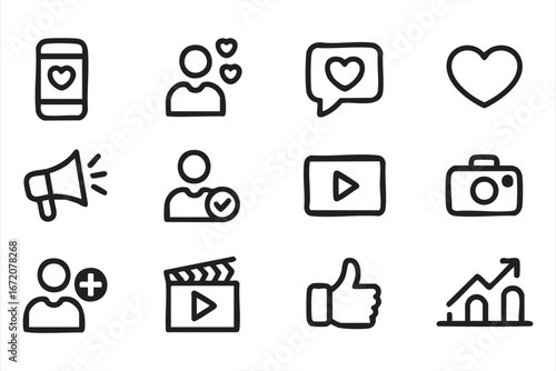Social media marketing outline icons set with video and like symbols