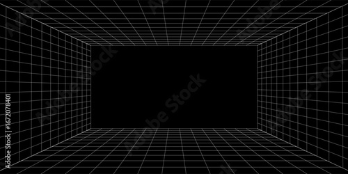 Empty futuristic digital box room grey-black background with white grid space line color surface. Network cyber technology. banner, cover, terrain, sci-fi, wireframe, and related to background.