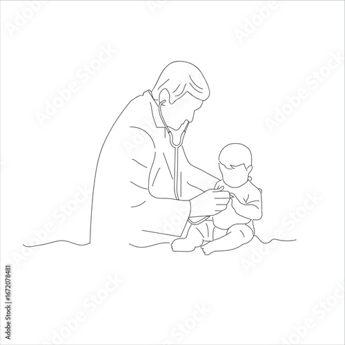 doctors examine children. Doctor examining a child patient with a stethoscope in a clinic outline coloring page. 