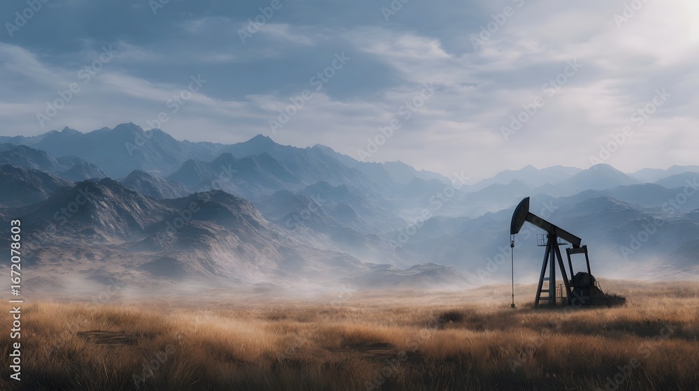 Naklejka premium Pumpjack operating in a remote desert landscape