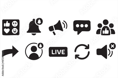 Social media symbols set with mute, replay, and alert icons