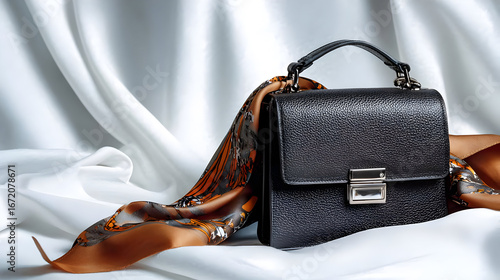Luxury Black Leather Handbag with Scarf on Silk, Stylish designer accessory on white satin, elegant purse for women, fashion accessory, high-quality leather, modern design, sophisticated style for
