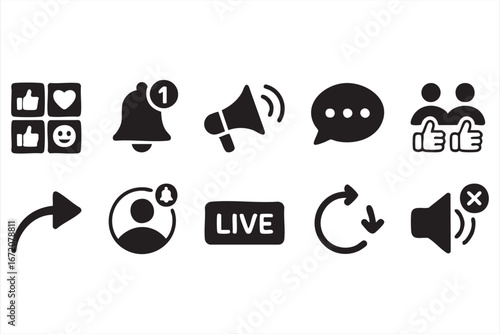 Social media engagement icons set with like, share, and live