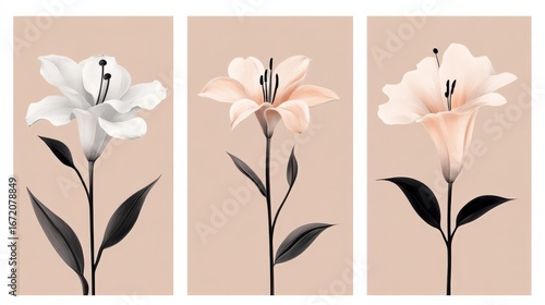 Elegant Floral Triptych Artwork Featuring White and Peach Lilies on a Soft Neutral Background for Modern Home Decor and Interior Design Inspiration