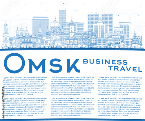 Outline Omsk Russia city skyline with blue buildings and copy space. Omsk cityscape with landmarks. Business travel and tourism concept with modern and historic architecture.