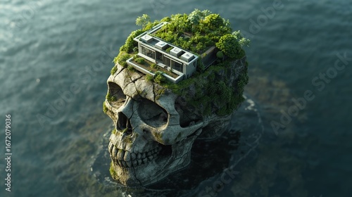 Mysterious House in Skull Island – Fantasy Landscape with Ocean Cliff
