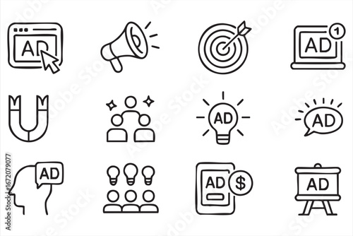 Promotion and campaign strategy icon set for business use