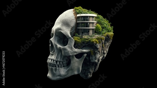 Mysterious House in Skull Island – Fantasy Landscape with Ocean Cliff