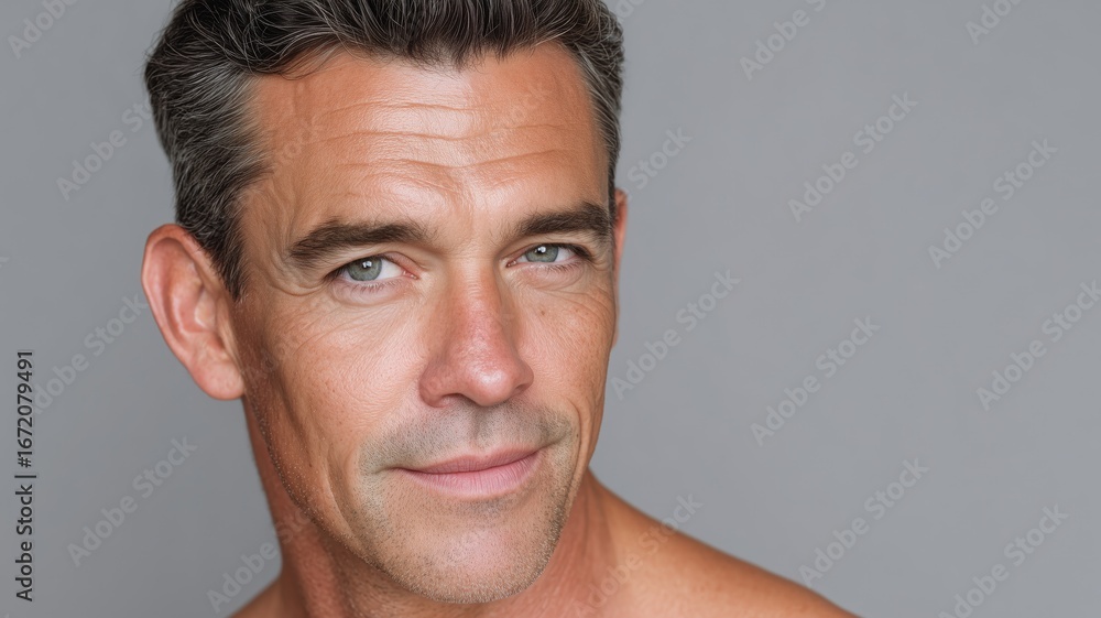 Naklejka premium Male model showcasing modern cosmetology techniques for youthful appearance in a neutral setting