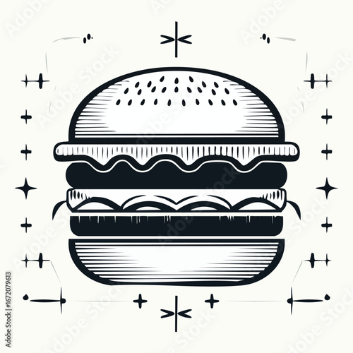 A delectable monochrome illustration of a classic cheeseburger, detailed with etched lines, framed by a stylized geometric border.
