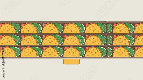 A tiled pattern of tacos with lime wedges arranged in rows in a brown container on a light background