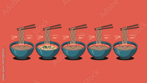 Illustration of five bowls of ramen with chopsticks on a coral background in a cartoon style