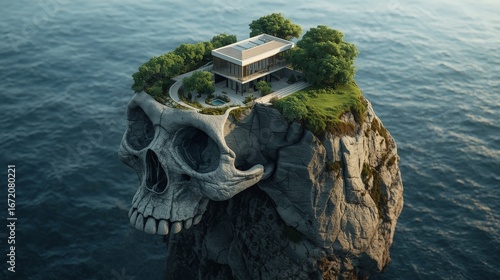 Mysterious House in Skull Island – Fantasy Landscape with Ocean Cliff