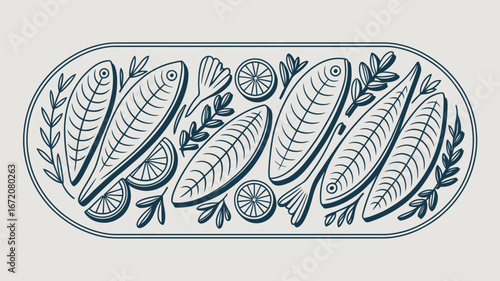 A platter of stylized fish with lemon slices and sprigs of herbs in a simple line drawing style