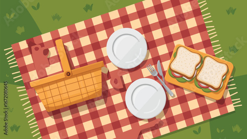 A picnic basket with sandwiches and plates on a checkered blanket in a grassy outdoor setting