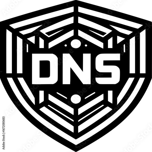 Geometric shield insignia featuring a stylized web pattern and a central alphanumeric monogram, isolated on a white background