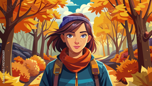  close up portrait  Female hiker walking in a path covered with orange leaves in a beautiful autumn forest